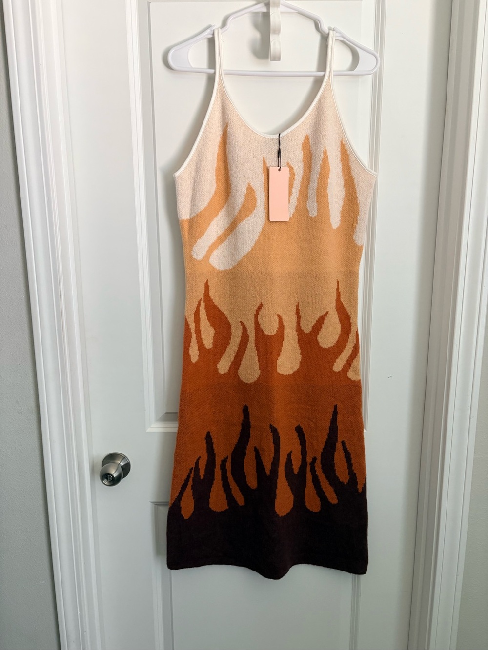 Flame-Print Knit Midi Slip Dress in Cream & Orange